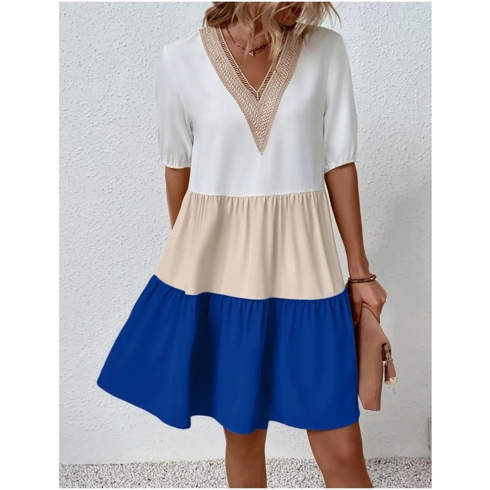 Boho Color Block Lace Oversized Mini Dress - Picture 13 of 13